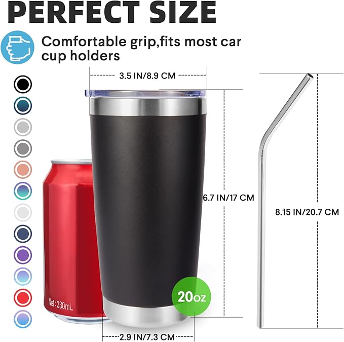 Volhoply 20oz Stainless Steel Tumbler with Lid and Straw,Double Wall Insulated Travel Iced Coffee Mug Fits Car Cup holder,Powder Coated Cups for Hot and Cold Drinks,Gifts for Women Men（Black,1 Set）