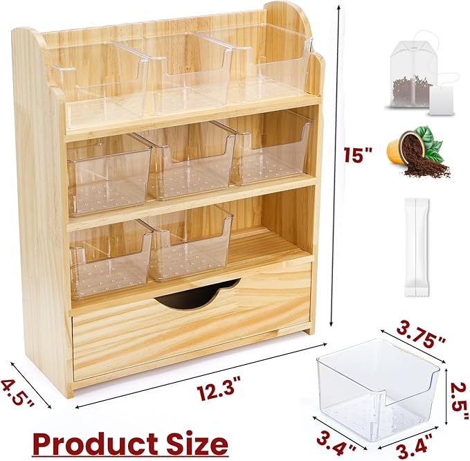 Tlence 4 Tier Wood Tea Bag Organizer, 15"x12.3"x4.5" Vertical Tea Storage Holder, Teabag Station Stand with 9 Plastic Box, Tea Packet Rack with Slide Drawer, Teabag Cabinet Shelf for Sugar and Creamer