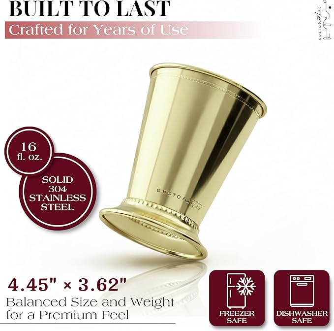 Gusto Nostro Mint Julep Cups Set of 2 - Stainless Steel Julep Cup Kit with Straws, Muddler, Spoon, Recipes, Vases - Southern-style Cocktail Glasses for Home Bar - Stainless Steel Cocktail Cups (Gold)