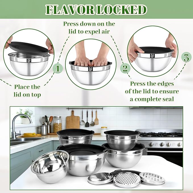 8PCS Mixing Bowls with Lids Set - 5 Nesting Mixing Bowls, 3 Grater Attachments, Lids, Stainless Steel Mixing Bowls for Mixing & Serving, Size 1.5/2.1/3.5/4/4.5 QT, Black