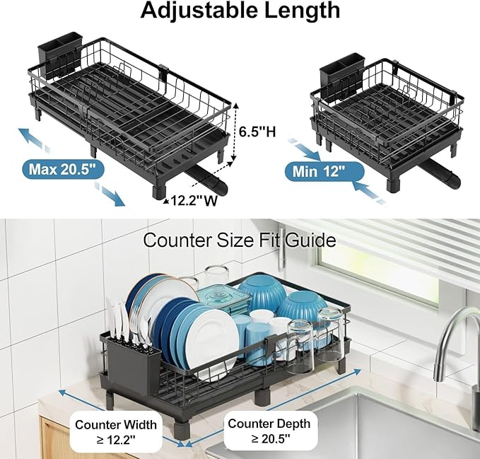 GSlife Expandable Dish Drying Rack for Kitchen Counter, Compact Space-Saving Dish Rack with Drainboard, Rustproof Dish Drainer for Small Kitchen, Apartment, RV, 12.2" W x 12"-20.5" L, Black