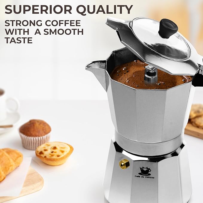 Cafe Du Chateau Moka Pot Espresso Maker - Makes 6 Espresso Cups - Stovetop Coffee Percolator with Clip Measuring Spoon - Ideal Cuban & Italian Coffee Maker