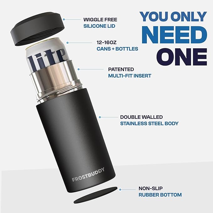 Frost Buddy Universal Can Cooler - Fits all - Stainless Steel Can Cooler for 12 oz & 16 oz Regular or Slim Cans & Bottles - Stainless Steel (Mossy Oak Bottomland)