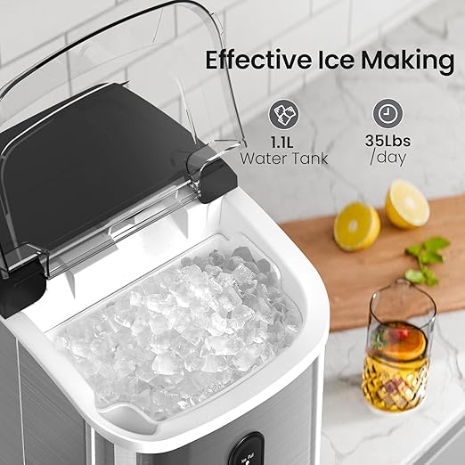 Croze Nugget Ice Maker Countertop with Self-Cleaning Function, Sonic Ice Machine with Handle, Compact Design for Home Use (Stainless Steel Silver)