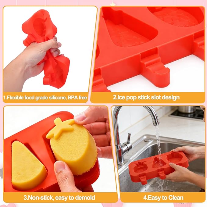 Juome Cake Pop Mold Kit, 6 Cavities Fruit Shape Cakesicle Molds Silicone with 100 Wooden Sticks&100 Packaging Bags with Ties, Cake Pop Maker Supplies Accessories, Baking Tools for Home Baking Desserts