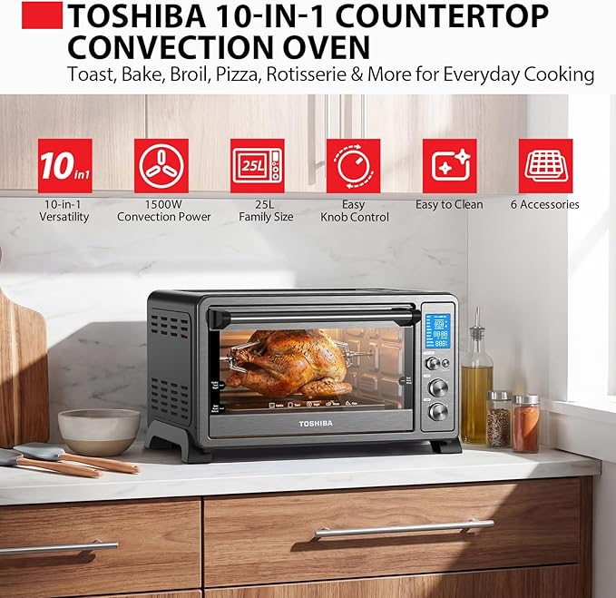 TOSHIBA 10-in-1 Convection Toaster Oven, 6-Slice Countertop Oven, 1500W with Toast, Bake, Broil, Rotisserie & Pizza Functions, LCD Knob Controls, 6 Accessories, Black Stainless Steel