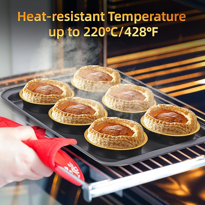 Beasea Disposable Creme Brulee Ramekins with Lids, 120 Pack 4 Inch 8oz Mini Pie Tins Black Gold Mini Small Aluminum Foil Pie Tart Cake Baking Pans Individual Round Containers Oven Safe for Baking