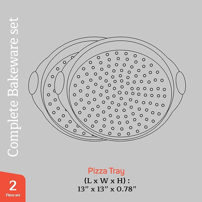Non-Stick Pizza Pan with Silicone Handle 2 Pack, 13 Inch Round Carbon Steel Tray with Perforated Holes, Dishwasher & Oven Safe Up To 450°F, PFOAPFOSPTFE Free, Durable Nonstick Gray Coating