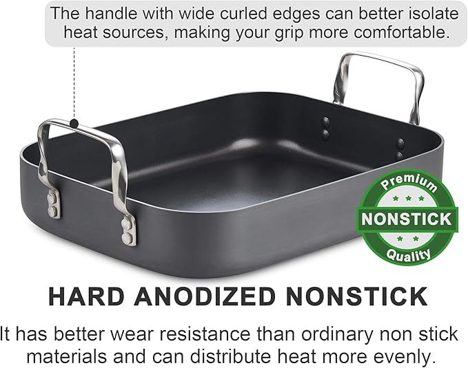 Cooks Standard Turkey Roasting Pan with Rack, Hard Anodized Nonstick 16-Inch x 12-Inch Chicken Ham Roaster Pan Multi-Use Grill Pan with Handles, Black