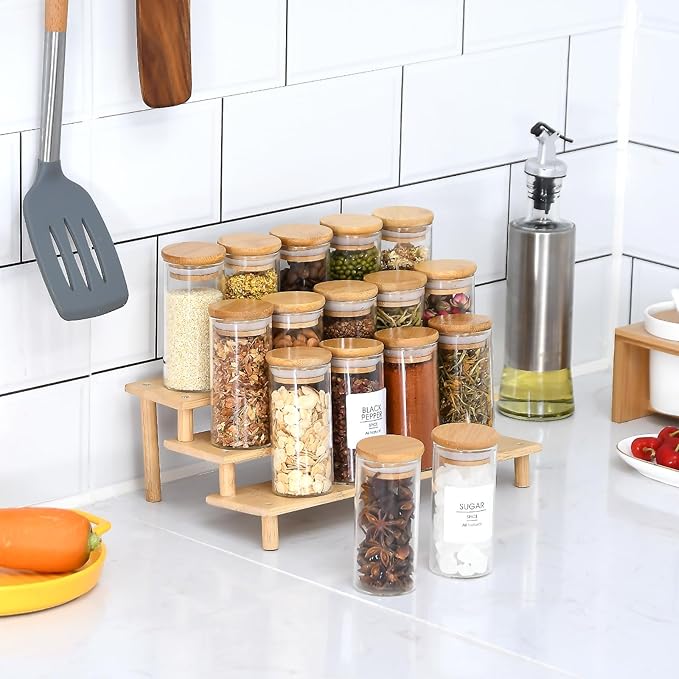 VIKEYHOME Spice Jars with Label, 20pcs 4 oz Glass Jars with Bamboo Airtight Lids, 200 Printed Spice Labels Waterproof Stickers for Seasoning Containers
