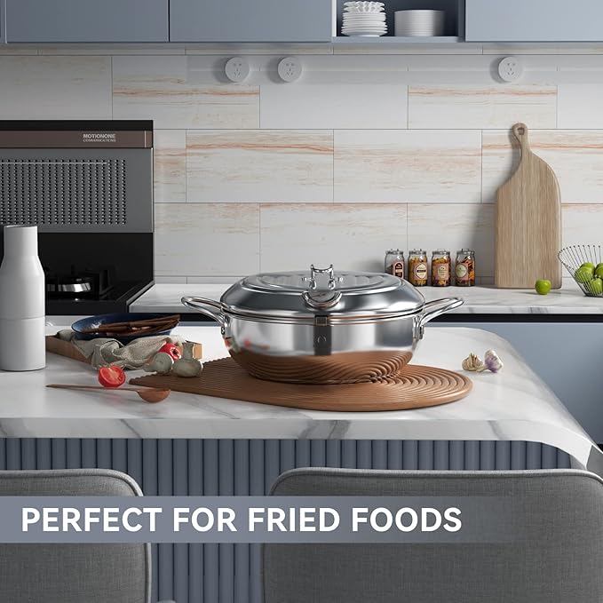 Kerilyn Deep Fryer Pot, 9.4 Inch/3.4 L Janpanese Style Tempura Frying Pot with Lid, 304 Stainless Steel with Temperature Control and Oil Drip Drainer Rack, for Kitchen French Fries, Chicken etc