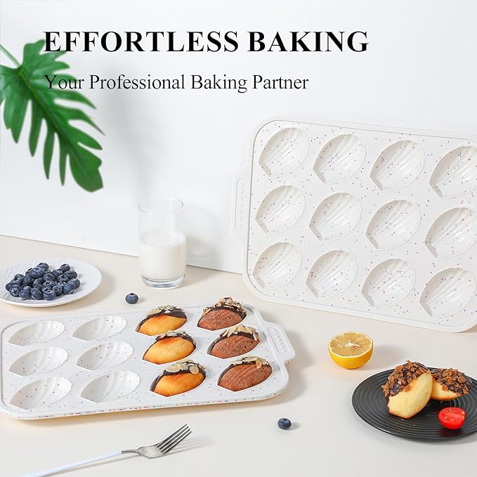 Vinino Silicone Madeleine Pan with Metal Reinforced Frame, 12-Cavity Shell Shape Madeleine Mold with Non-Slip Handle, Nonstick Madeleine Cookie Trays for Oven, BPA Free, Dishwasher Safe- Cream