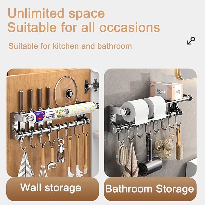 Hanging Wall Mount Knife Wall Mount,Kitchen Utensil Hanger,Space-Saving Kitchen Utensil Rack with Hooks,Kitchen Storage Shelf for Utensils Spatula Spoon, Easy to Clean (Black, 50CM+10Hook)
