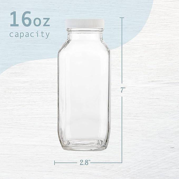 kitchentoolz 16oz Square Glass Milk Bottles with Lids – Reusable Glass Bottles for Milk, Creamer, Juice, Smoothies, Kefir & Yogurt – Airtight Vintage Drinking Jars for Lunch Box & Fridge – 6 Pack