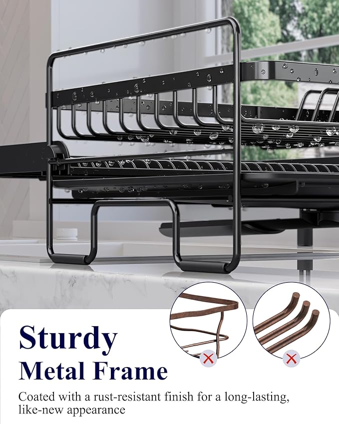 Kitsure Extendable Dish Drying Rack - Adjustable Length 12.8"–21.0", Auto-Draining Dish Rack for Kitchen Counter, Rust-Resistant Metal Frame Over-Sink Support for Plates, Bowls & Utensils, Black