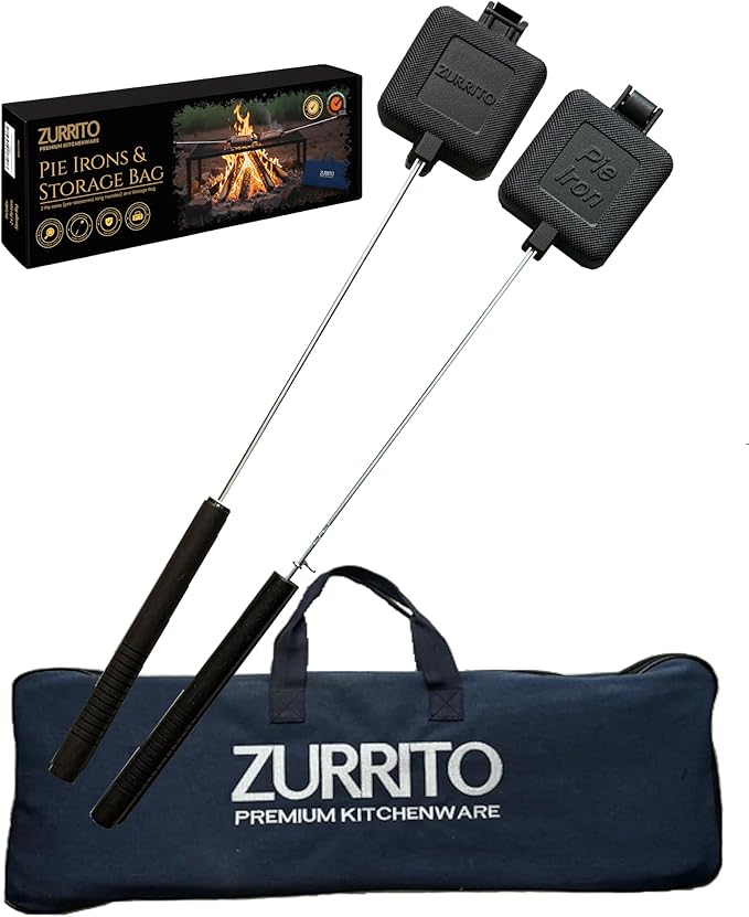 2x Campfire Pie Iron (28inches Long) Storage Bag Bundle Set, Cast Iron Pie Pan, Mountain Pie Maker, Cast Iron Sandwich Maker, Pie Iron for Camping, Campfire Sandwich Maker