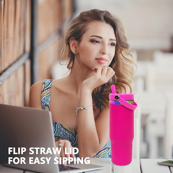 30 oz Tumbler Bulk with Handle and Straw, Vacuum Insulated Tumblers with Flip Straw and Top Handle, Leakproof Powder Coated Tumbler, Stainless Steel Travel Mug for Coffee Water (Rosy, 4 Pack)