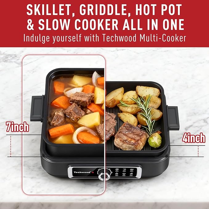 Electric Skillet, Techwood 7.5-Quart 2-in-1 Versatile Multi-Cooker with 5-Level Heat Settings, Come with Removable Non-stick Skillet Pan& Cooking Pot, Dishwasher Safe, 1500W, Black (Black)
