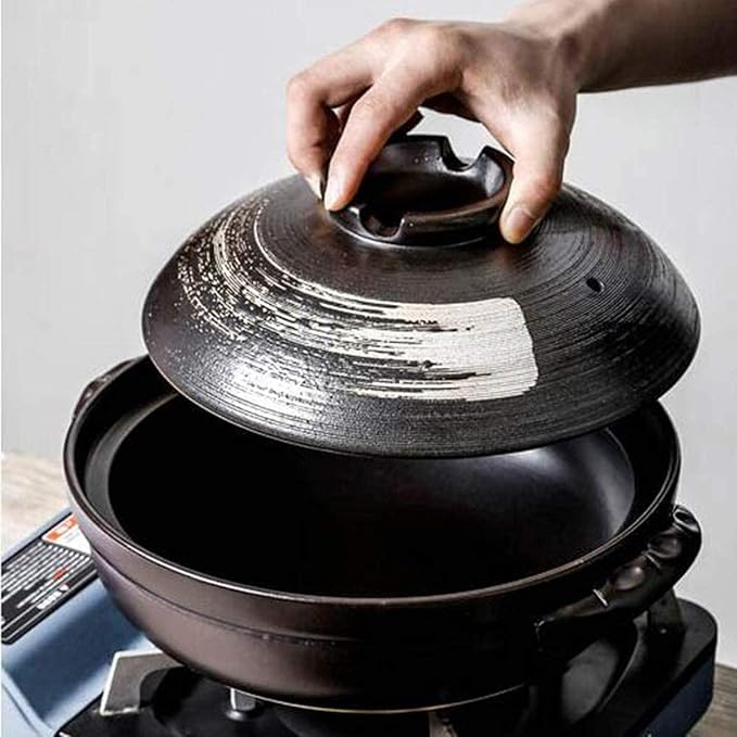 Round Casserole Dish Heat-Resistant Ceramic Casserole With Lid Soup Pot With Soup Pot Oil-Free Saucepan Japanese Donabe Hot Pot With Brushstroke Saucepan With Slow Stew W,B-1.7L
