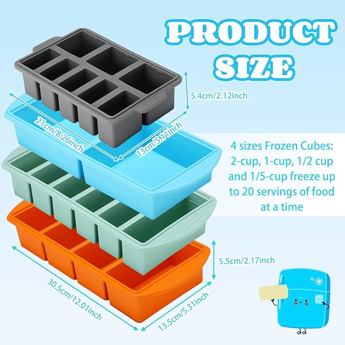 4 Pack Silicone Freezer Trays with Lid, 1/5, 1/2, 1, and 2 Cup Soup Freezer Molds Set Stainless Steel Frame Ice Cube Tray for Meal Prep Freezing Soup Stews Sauces Oven Microwave Safe(Multi)