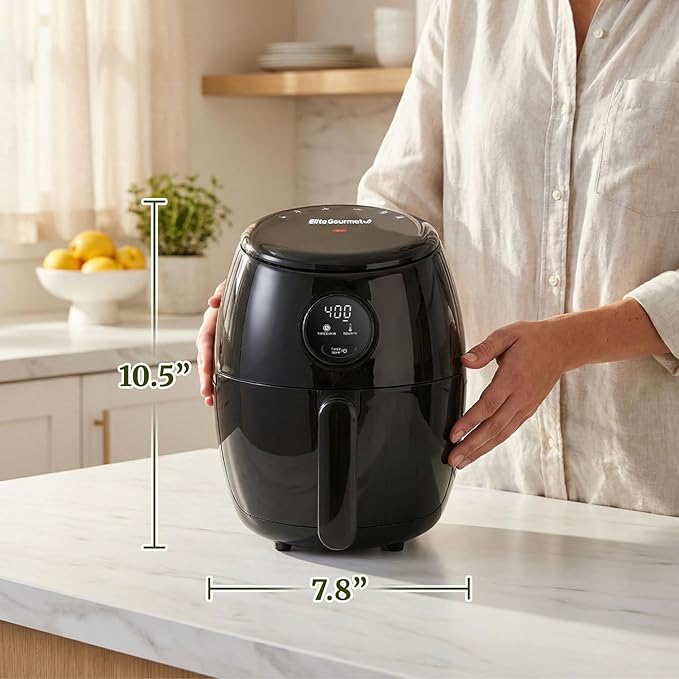 Elite Gourmet EAF2612D Personal 2.1Qt Compact Space Saving Programmable Hot Air Fryer, Oil-Less Healthy Cooker, Timer & Temperature Controls, 1000W, Black