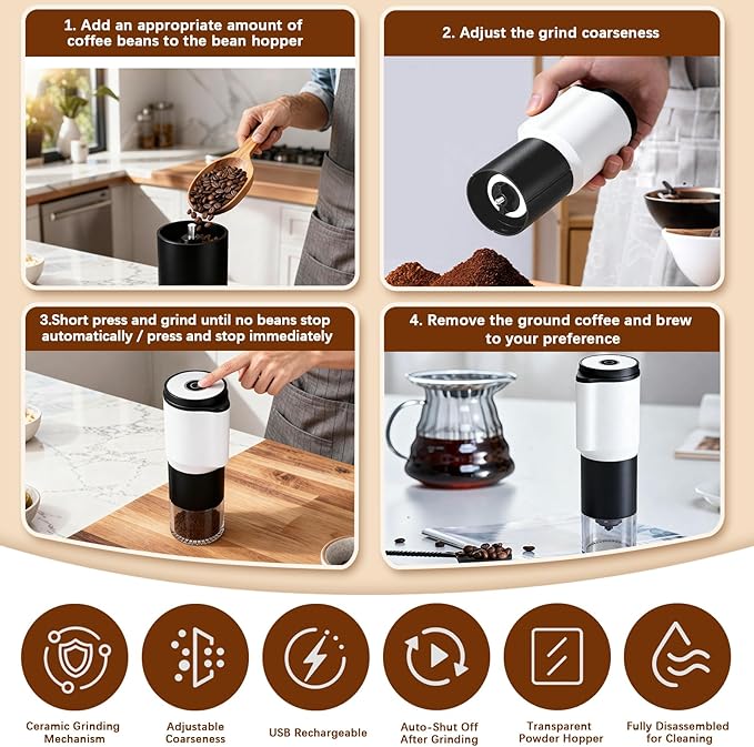 Compact Portable Electric Coffee Grinder,Features a Built-in 1300mAh Rechargeable Battery, Adjustable Grind Settings for Coffee Beans/Grains,Portable Coffee Grinder for Home,Camping and Travel Use