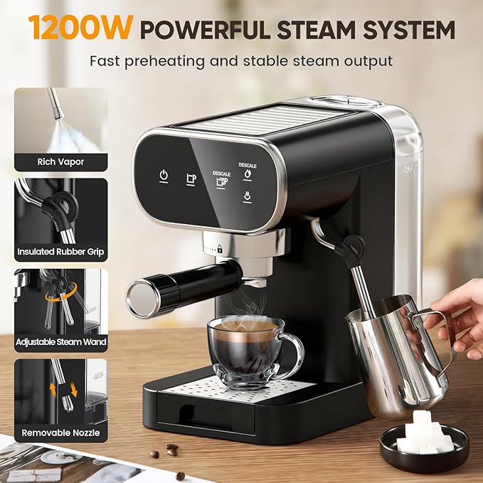 Horavie Espresso Machine 20 Bar, Home Espresso Maker with Touchscreen & Steam Milk Frother, Fast Heat-Up Coffee Machine with 48oz Removable Tank for Cappuccino, Latte, Americano, Black