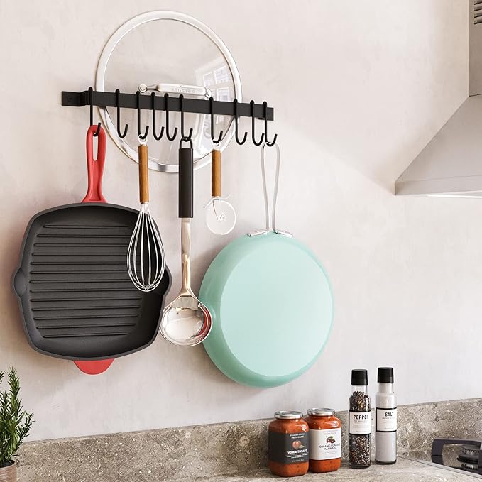 Wallniture Gourmet Kitchen Rail with 10 Hooks, Wall Mounted Wrought Iron Hanging Utensil Holder Rack with Black 17 Inch