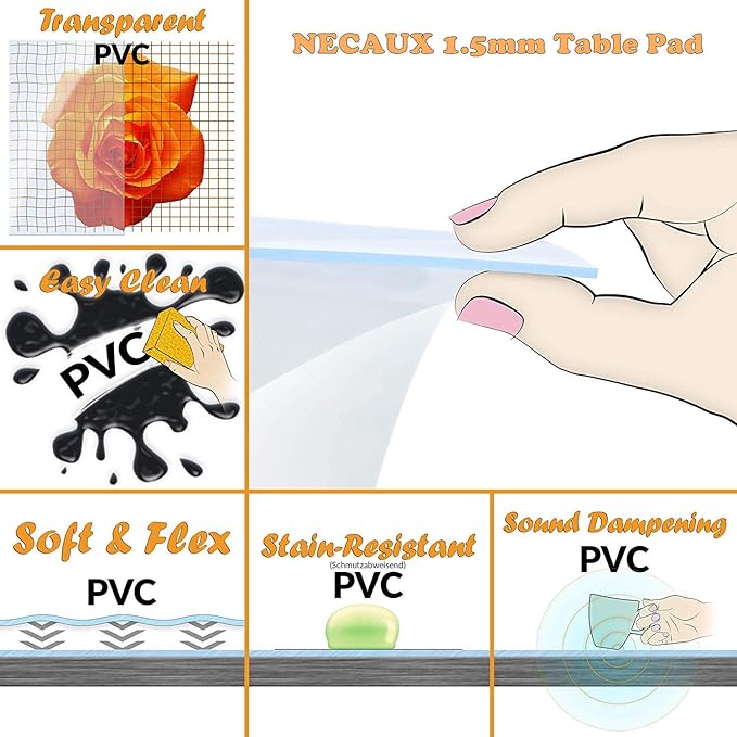 NECAUX Custom 52 x 96 Inch Clear Table Cover Protector, 1.5mm Thick Wood Grain Transparent Table Pad Non-Slip Tablecloth Plastic Protective Pad for 8 Foot Dining Room Table, Conference Table