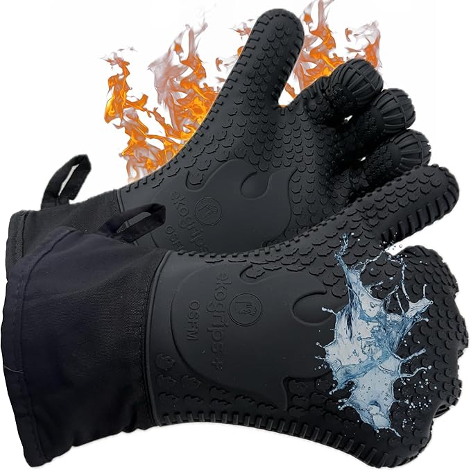 Ekogrips Plus Oven Gloves with Fingers, Comfy Waterproof Silicone Oven Mitts Heat Resistant with Long Cuff, Insulated BBQ Gloves Perfect for Grilling, Baking, Smoker, Canning, and Pizza, Black, OSFM