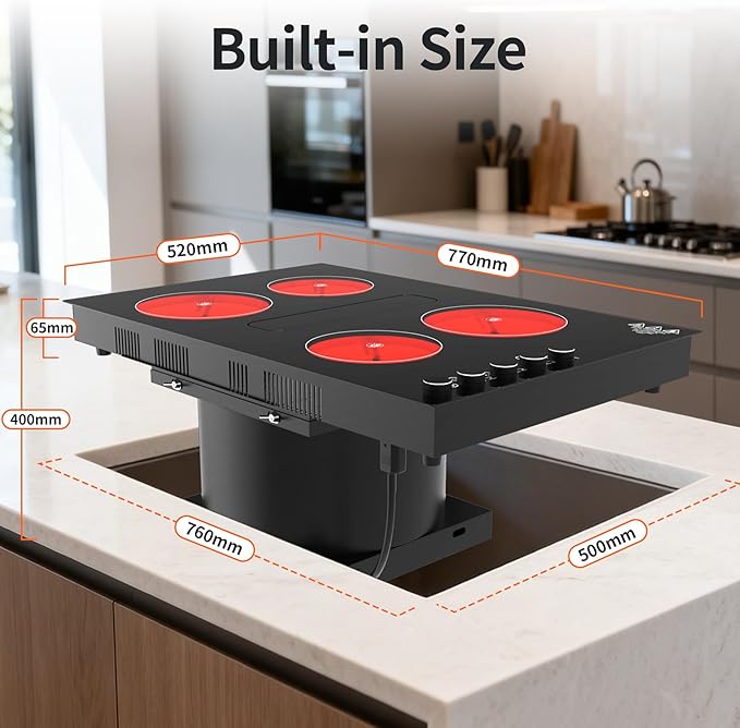 31" Electric Cooktop with Downdraft – 4 Burner 6000W Built-in Electric Stove, BBQ Bridge Burner, Timer, Safety Lock, Recirculating Vent (220V-240V)