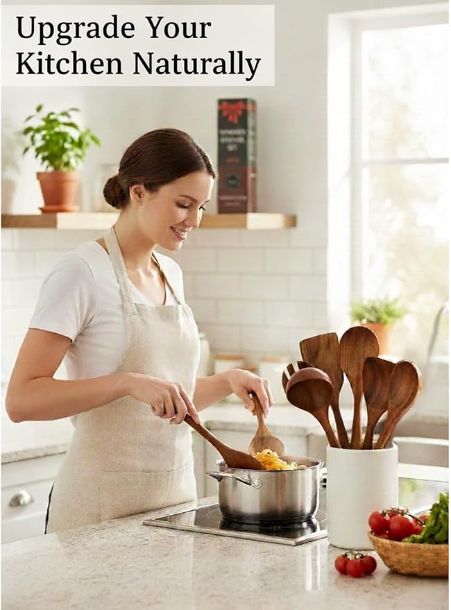 Natural Teak Wood Kitchen Utensil Set - 8 Piece Non-Stick Cooking Spoons & Spatulas, Heat Resistant & Eco-Friendly, Durable Wooden Tools for Nonstick Cookware