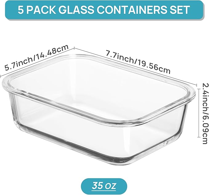 Vtopmart 5 Pack 35oz Glass Food Storage Containers with Lids, Meal Prep Containers, Airtight Reusable Lunch Container Set, Safe for Oven, Microwave, Freezer, and Dishwasher, Multicolour