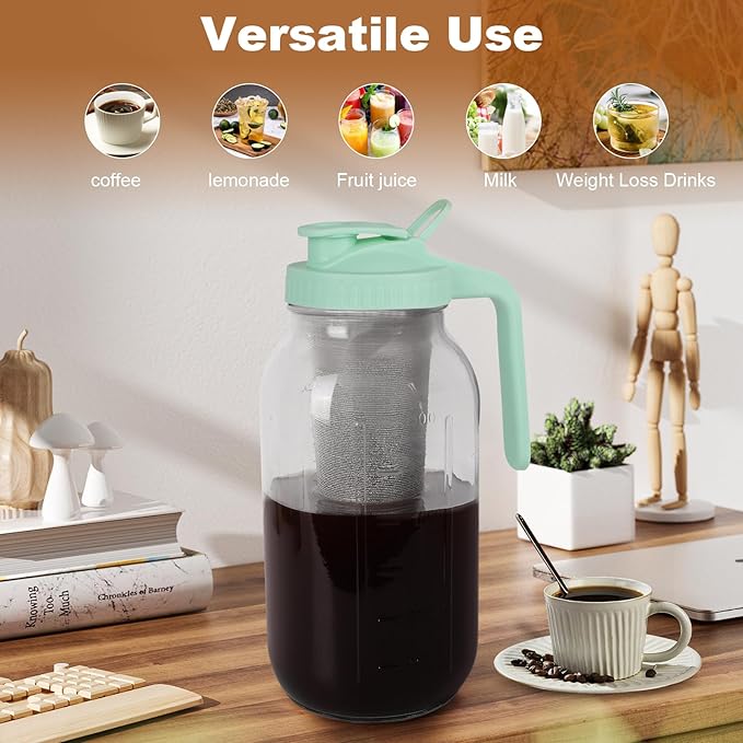 Cold Brew Coffee Maker，64 oz Wide Mouth Mason Jar Pitcher with Stainless Steel Filter, Pour Spout Handle Lid, Heavy Duty Glass Airtight & Leak-Proof for Iced Coffee Tea & Lemonade-Green