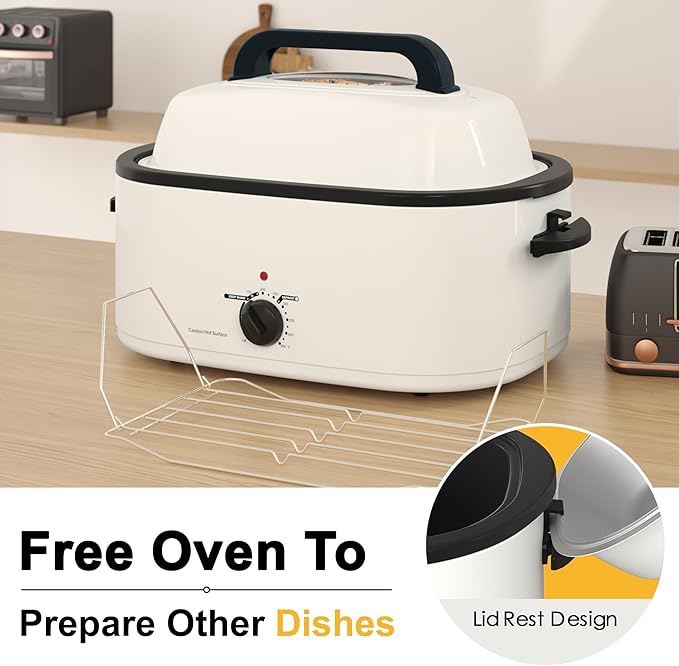 RoyalCraft 26-Quart Electric Roaster Oven with Visible Self-Basting Lid, Turkey Roaster Oven with Removable Pan and Rack, Perfect for Large Meals and Holiday Feasts, White