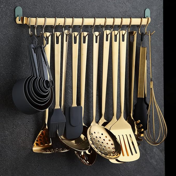 Kyraton Kitchen Utensil Rack, Kitchen Rack With Gold Titanium Plating,Rail Rack Organizer for Hanging Knives,Wall Mounted Gourmet Kitchen Rail with 14 Hooks