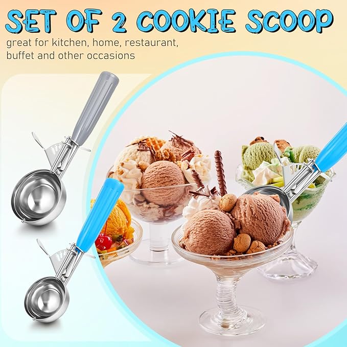 Reallnaive 2 Pcs Release Cookie Scoops Ice Cream Scooper with Trigger Release Portion Scoop Stainless Steel for Portion Control, Baking Food, Cookie Dough (2 Oz+4 oz,Blue and Gray)