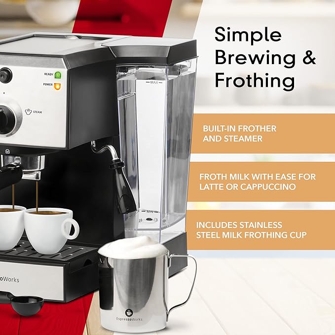 EspressoWorks All-In-One Espresso Machine with Milk Frother 7-Piece Set - Latte Maker Includes Grinder, Frothing Pitcher, Cups, Spoon and Tamper - Coffee Gifts (Stainless Steel)