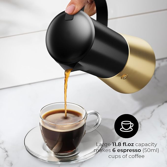 Stovetop Espresso Maker, Stainless Steel Moka Pot 6 Cup, Gold Espresso Maker (12 fl oz), Italian Coffee Pot, Compatible with Gas, Electric and Induction, Black & Gold Finish