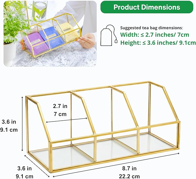 NCYP Glass Tea Bags Organizer with 3 Slots, Brass Open Display Case, Kitchen Cabinet Gold Decor Box, Indoor Counter Teabag Storage Rack, 8.7 x 3.6 x 3.6 Inches (Glass Box Only)