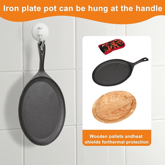Fajita Skillet,Cast Iron Plates for Home Party Eating，Sizzler Plates With Wooden Base And Handle Cover,Cast Iron Skillet Set，Steak Plates for Home Party Eating