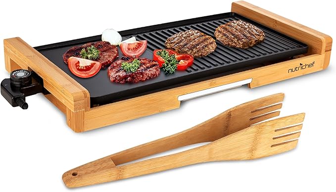 NutriChef 2 In 1 Indoor Grill & Griddle, Smokeless Nonstick Electric Grill and Griddle with Wooden Thong, 250 - 460°F Adjustable Temperature
