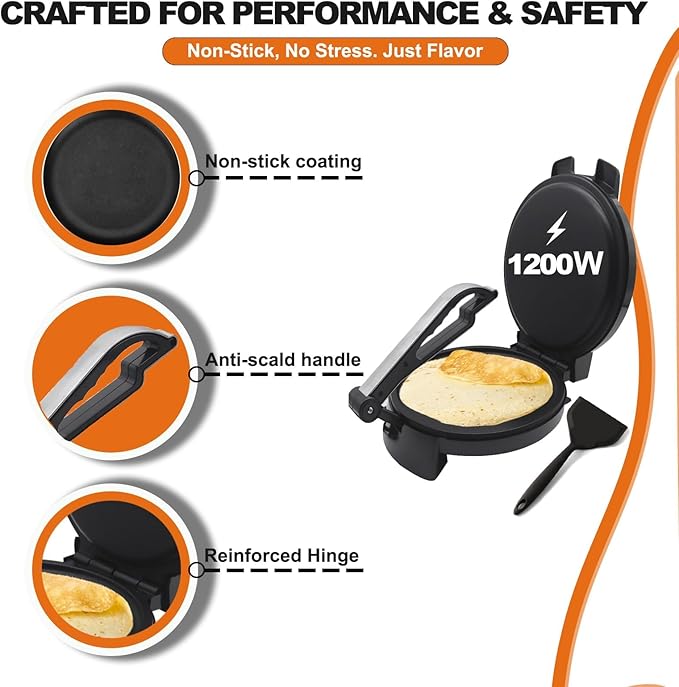 10" 1200W Electric Tortilla Press & Chapati Maker - for Roti, Crepes, Grilling | Includes Warming Bag & Spatula (Black)