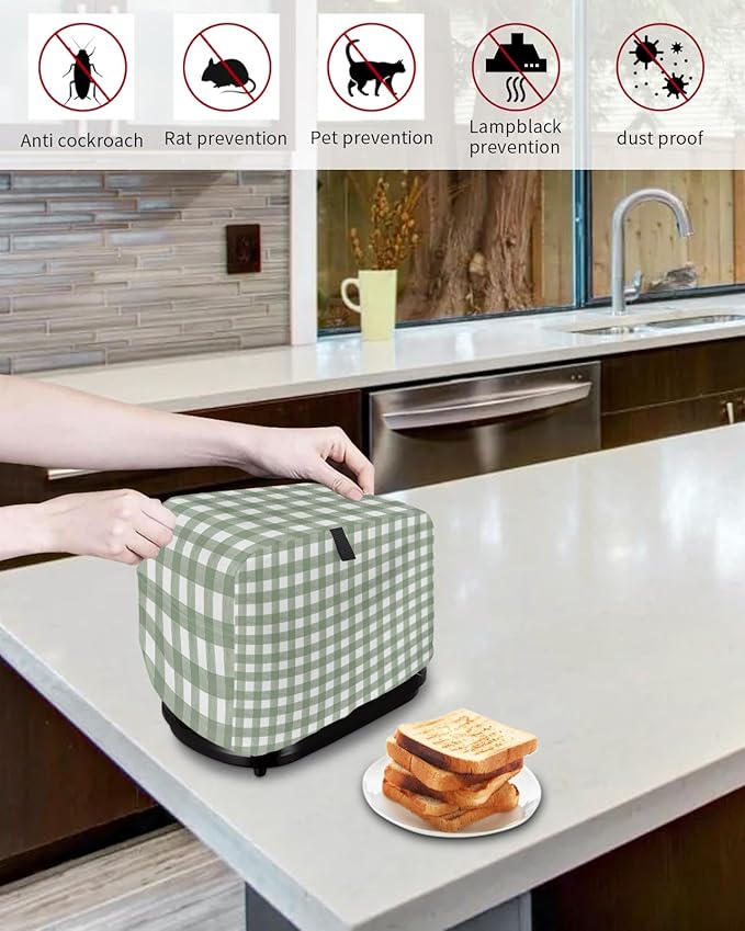 Sage Green Buffalo Plaid Toaster Cover 4 Slice, Large Kitchen Appliance Cover, Farmhouse Green White Checkered With Loop, Bread Machine Polyester Dust Protection