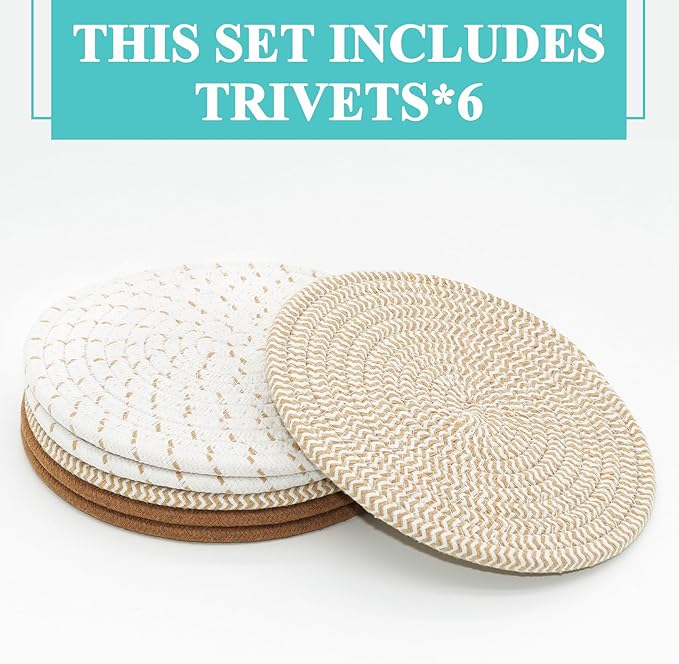 Trivets for Hot Dishes, Pots and Pans, 8 Inches Hot Pads 6 Pcs, Pot Holders for Kitchen, Heat Resistant Mat Protect Counter, Coasters Set Home Essentials Farmhouse Decor (Mix Brown)