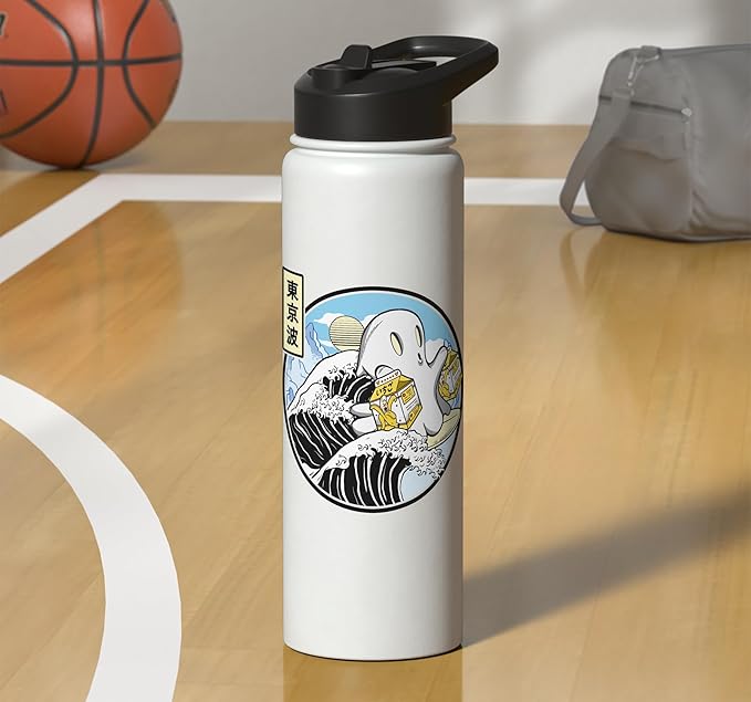 Surfing Ghost Banana Milk Cartons Kanagawa Wave Kawaii Anime Stainless Steel Insulated Water Bottle