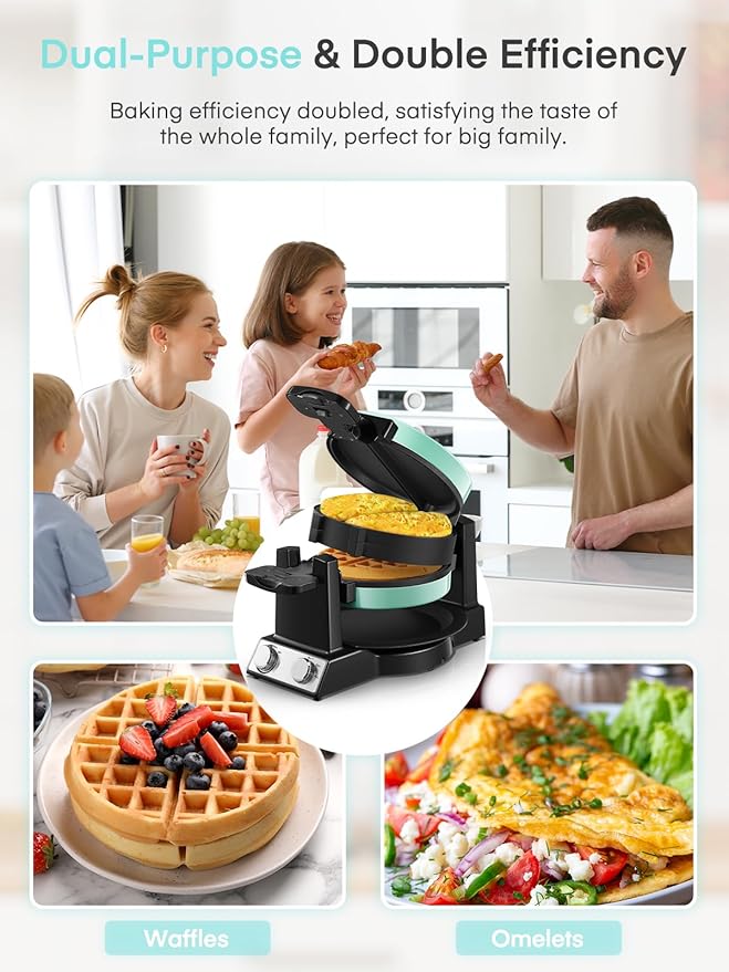FOHERE 2-in-1 Omelette Maker&Waffle Maker, 1400W Omelet Maker 180° Flip, Adjustable Browning Control, Non-Removable & Nonstick Pans, Make Two Omelet and One Waffle at Once for Home (Mint Green)