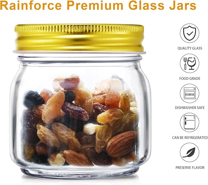 Rainforce Mason Jars 8 oz 30 Pack- Small Mason Jars With Gold Lids -1/4 Quart Canning Jars| Storage Pickling Jars For Jelly, Jam, Honey, Pickles, Spice - With 30 Chalkboard Labels
