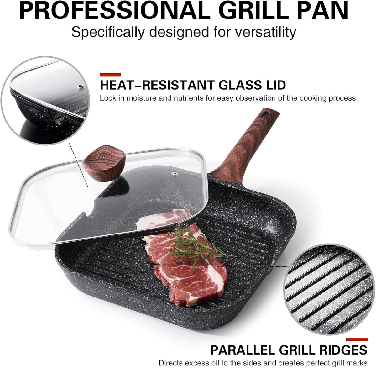 Nonstick Grilling Pan with Lid for Stove Tops, 9.5 Inch Square Grill Pan for Indoor Cooking, Granite Coating Grill Skillet with Pour Spouts, Versatile Griddle, Induction Steak Pan, PFOA Free