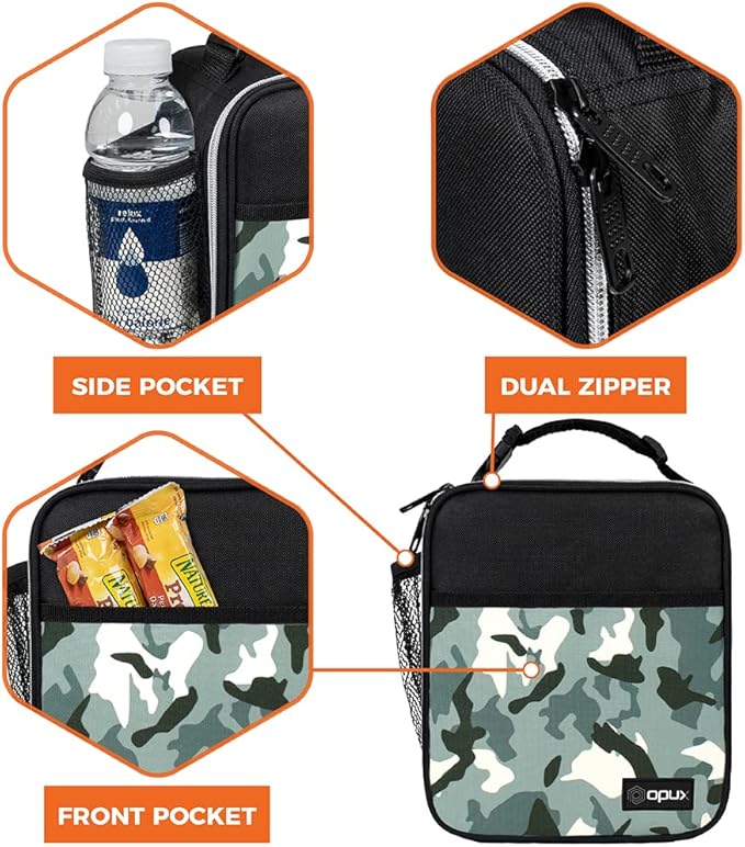 opux Premium Insulated Lunch Box, Soft School Lunch Bag for Kids Boys Girls, Leakproof Small Lunch Pail Men Women Work, Reusable Compact Cooler Tote Lunchbox for Office Adult, Camo Green